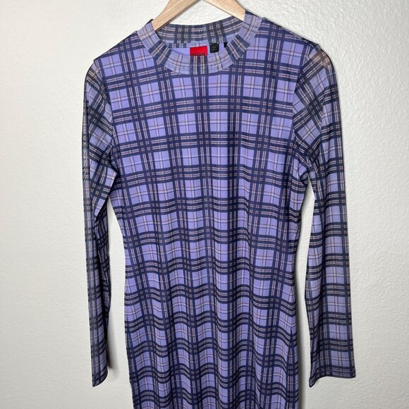 Hugo Boss Nasusi Womens Purple Stretch Mesh Plaid Long Sleeve Midi Dress XL - Picture 3 of 14